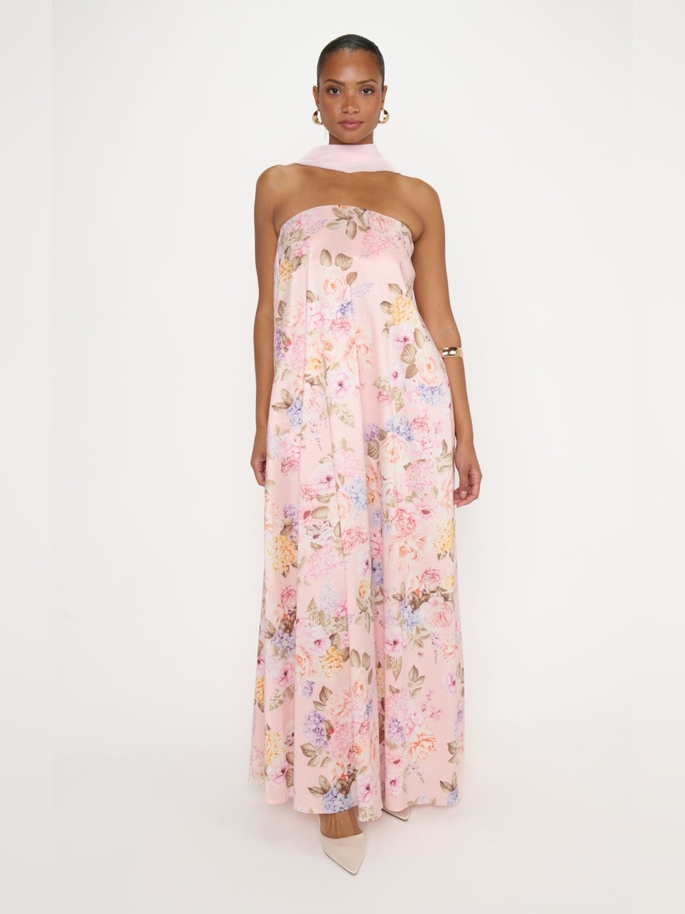 Show Me Your Mumu Tinsley Tube Maxi Dress size XL powder pink taffeta floral - Picture 2 of 7